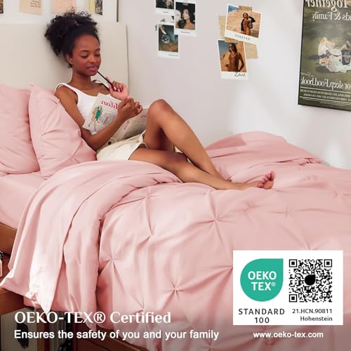 JOLLYVOGUE Twin Comforter Set 5 Pieces - Bed in a Bag Twin for All Season, Pintuck Bedding Comforter Sets with Comforter, Flat Sheet, Fitted Sheet and Pillowcases & Shams, Pink by JOLLYVOGUE - Used condition - Image 3