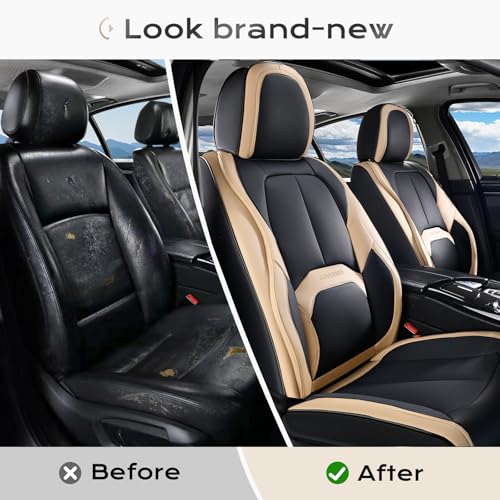 Image of Coverado Seat Covers, Premium Nappa Leather Car Seat Covers Front Seats, Waterproof Car Seat Protector with Lumbar Support, Front Driver Seat Covers Universal Fit for Most Cars (Black&Beige)