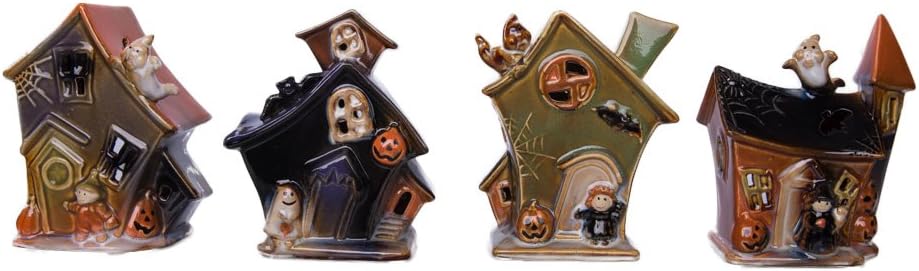 Fun Haunted House Shaped Halloween Tea Light Holder with Witches, Ghosts, and Pumpkins - Variety 4 Pack Bundle
