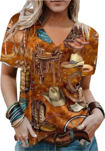 Women's Western Shirt Casual Cactus V-Neck T-Shirt Cowgirl Western Pattern Short Sleeve Loose Ladies Western Tops