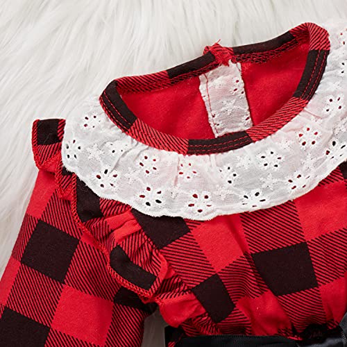 Pasgeboren Baby Meisjes Rompers Kerst Clothings Rood Geruite Gedrukt Knop Decro Jumpsuits en Zwarte Tailleband Peuter Outfits, Rood, 6-9 Maanden - Afbeelding 5