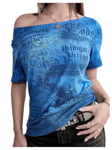 SOLY HUX Women's Y2k Goth Graphic Tees Off The Shoulder Short Sleeve Vintage T Shirt Streetwear Summer Tops