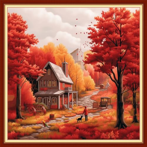 Image of Funxvoot Stamped Cross Stitch Kits Beginners Full Range of Embroidery Kits for Adults 11CT Embroidery Patterns Needlepoint Kits Printed Cross Stitch Kits - (Deep Autumn Scenery 18x18 inchs)