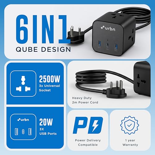 Image of URBN 6-in-1 Qube Core Power Strip | 3 Universal Sockets (2500W) + 3 USB Ports (20W PD) | Fast Charging | Heavy Duty 2m Power Cord | Surge Protection | 1 Year Warranty (Black)