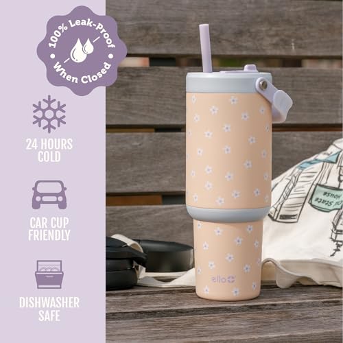 Image of Ello Oasis Go+ 26oz Tumbler with Top Handle and Retracting Straw | Reusable Insulated Stainless Steel Cup, 100% Leakproof Water Bottle, 24 Hours Cold, Cup Holder Friendly For Travel | Daisies