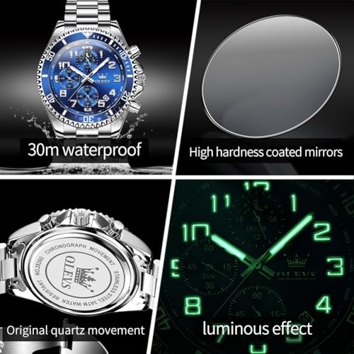 Image of OLEVS Watch Men Luxury Chronograph Stainless Steel Wrist Dress Waterproof Watch Quartz Analog Large Face Luminous