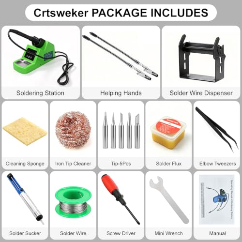 Soldering Station, Digital Soldering Iron Kit with 2 Helping Hands, 356°F-932°F (180°C-500°C), Auto Sleep, °C/°F, Ceramic Heater, Solder Wire, 5 Tips, Solder Sucker, Tweezers, Tip Cleaner, Grass Green - Image 7