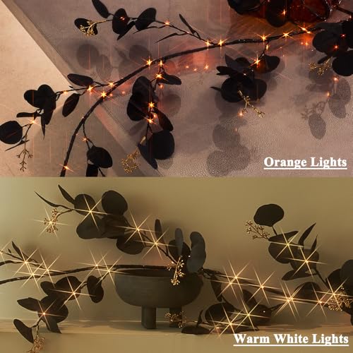 Hairui Lighted Black Eucalyptus Garland with Timer 96 LED Orange and Warm White Fairy Lights,Halloween Garland with Lights 6FT Battery Operated with 10 Functions for Fireplace Halloween Decoration by Hairui - Image 3