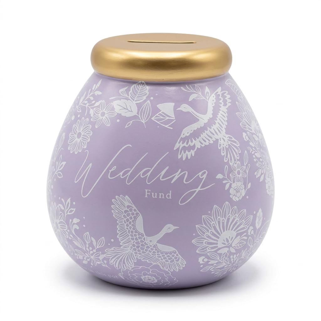 Pot of Dreams Wedding Fund Ceramic Money Box – Lavender & Gold Hand Painted Savings Pot, Break to Open Piggy Bank, Large Coin & Note Slot, Wedding Saving Jar Gift