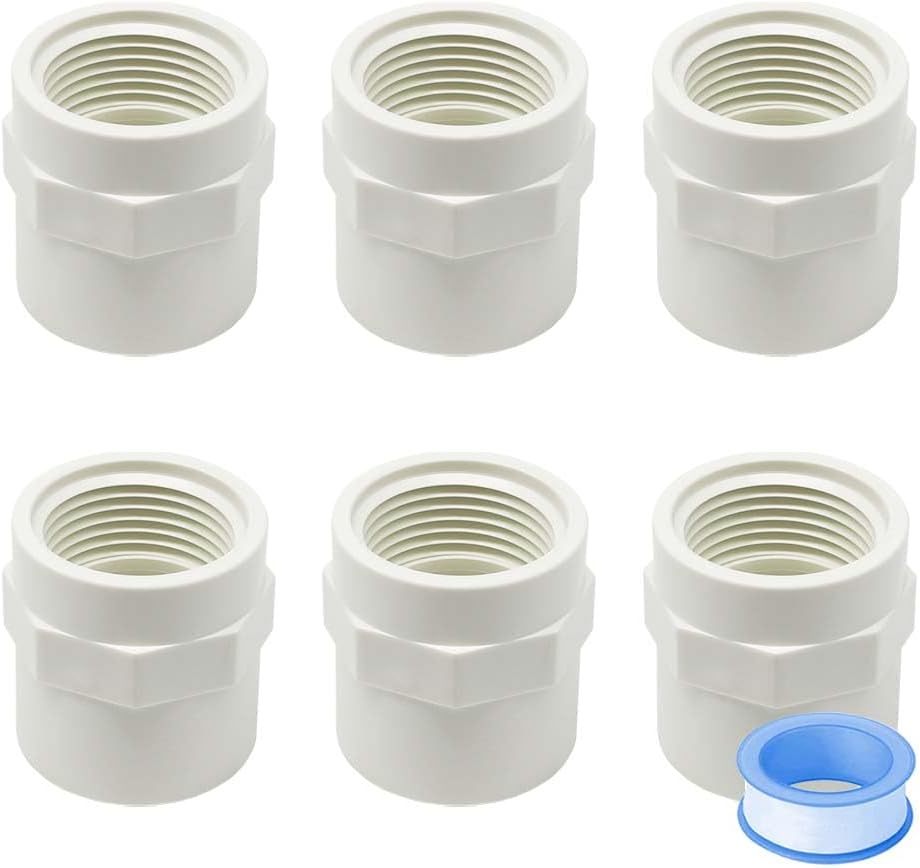 6PCS 1 Inch PVC Coupling Fittings White Slip to Female Thread PVC Pipe Fitting Adapter Connector for Schedule 40 HE061-1