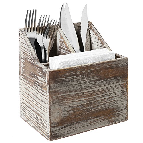 Rustic Torched Wood Tabletop Flatware Utensil Caddy Cutlery Organizer and Napkin Holder 3 Compartment
