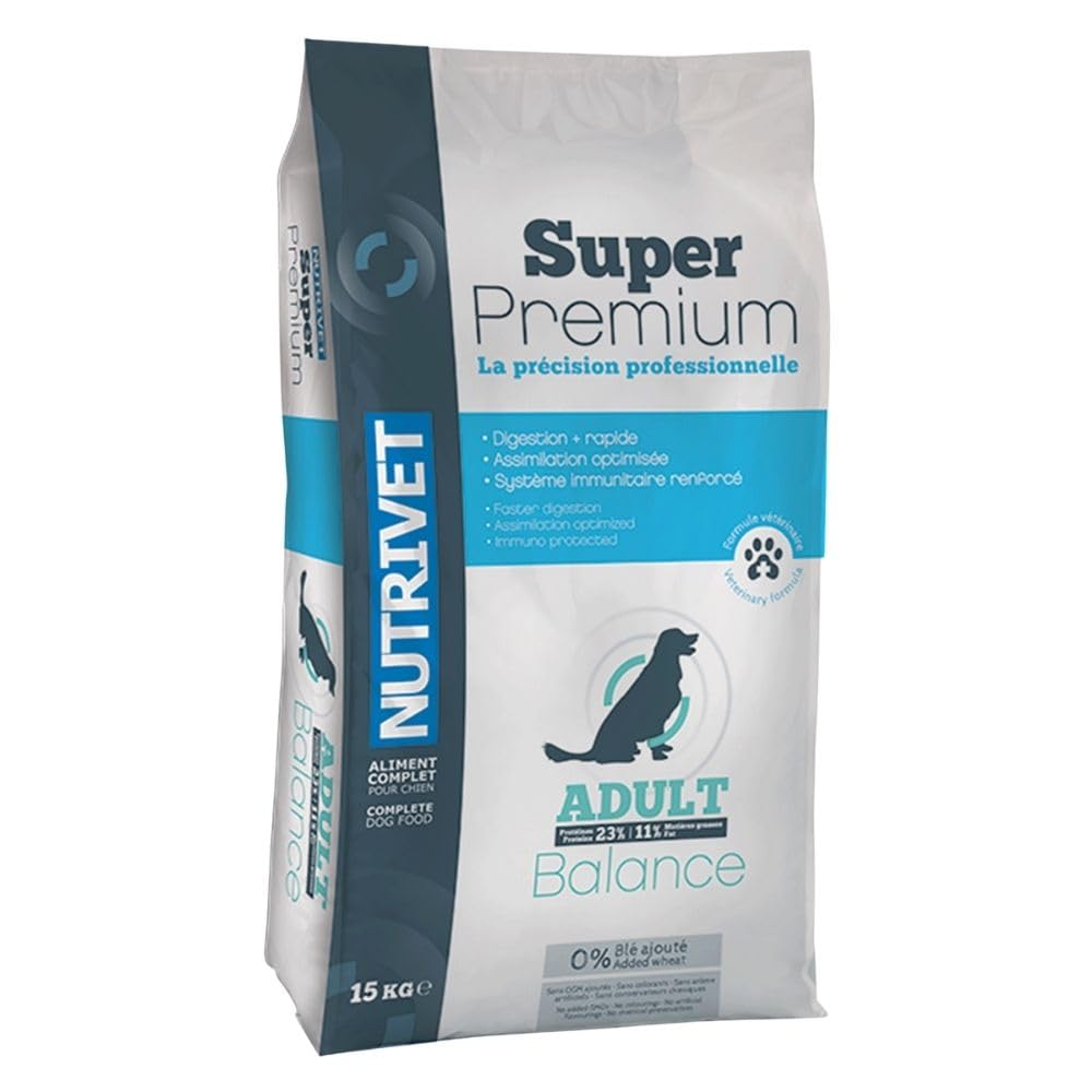 NUTRIVET - Super Premium - Adulte Balance - Croquettes sans Blé - Chien - Riche en Protéines Animales - 15 kg