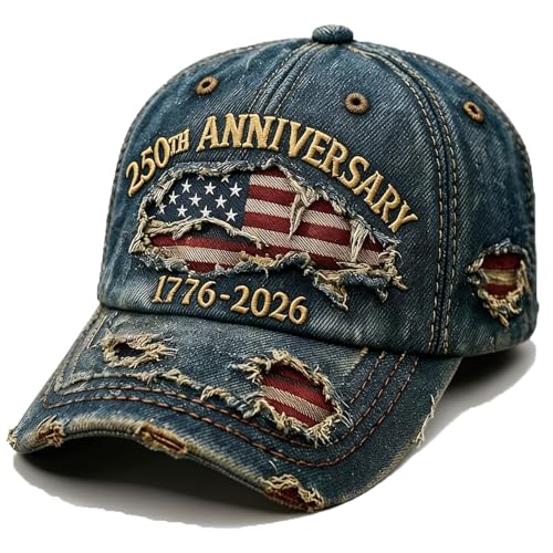 Okbycuyck 4th of July Hat 250 Anniversary USA Hat 250 Anniversary USA Merchandise Embroidered 1776-2026 Patriotic Retro Denim USA Hat for Dad Husband Fourth of July Baseball Cap for Men Women