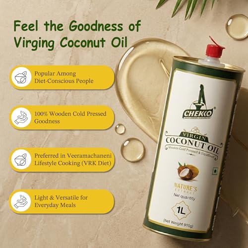 Image of Chekko Cold Pressed Virgin Coconut Oil 2 Litre | 100% Pure Natural Wood Pressed | Unrefined Virgin Edible Coconut Oil for Cooking, Baking, Massage, Hair & Skin Care | Premium Food-Grade Metal Tin Pack (1 Litre*Pack of 2)