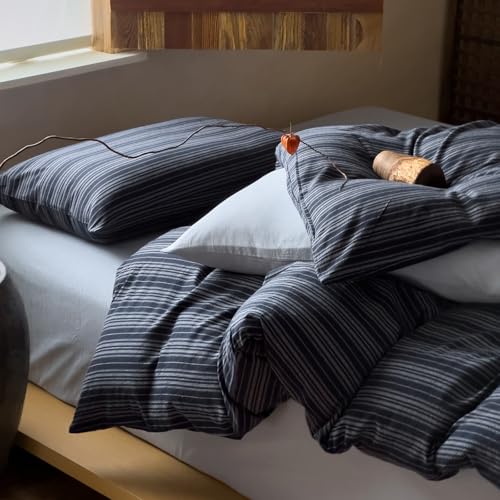 Image of VM VOUGEMARKET Blue White Stripe Duvet Cover Set - Soft Washed Cotton,Modern Neutral Ticking Pinstripe Minimalist, 3 Pieces,Navy Blue,Queen Size