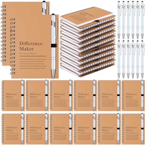 Fullhawl 24 Sets Difference Maker Gifts Employee Appreciation Gifts Bulk Inspirational A6 Spiral Notebook Motivational Journals with Pen for Women Men Coworker Teacher Nurse Graduation(Wood, Beige)