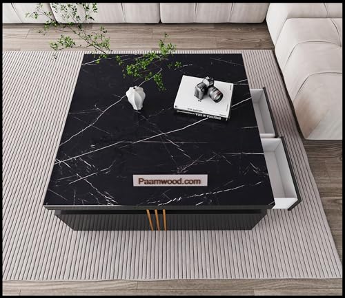 Image of Premium Marble-Top Wooden Center Table for Living Room | Coffee Table | Contemporary Design Craftsmanship (Black Big - 36x36x17 Inch)