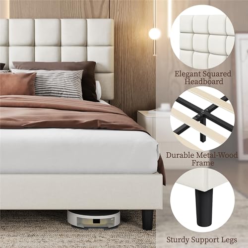 Yaheetech Polsterbett 160 x 200 cm Doppelbett mit Höhenverstellbarem Kopfteil, Stabiler Bettrahmen Stoffbett mit Lattenrost, Gepolstertes Bettgestell Bett, Beige