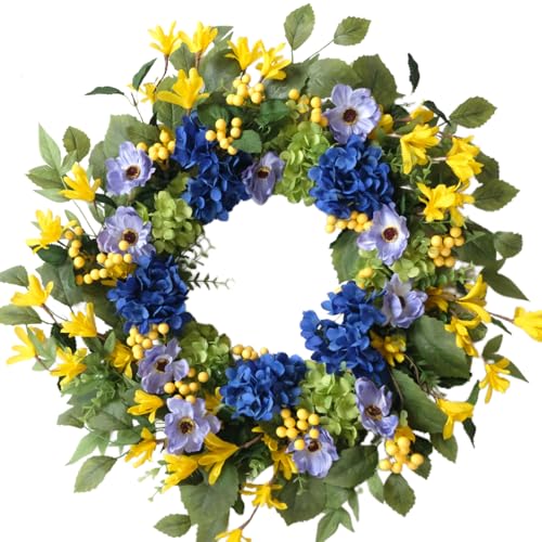 Bibelot 24 Inch Spring Wreath for Front Door, Artificial Spring Summer Floral Wreath with Hydrangea Daisy Berry Leaves for Door Wall Wedding Party Holiday Home Decor