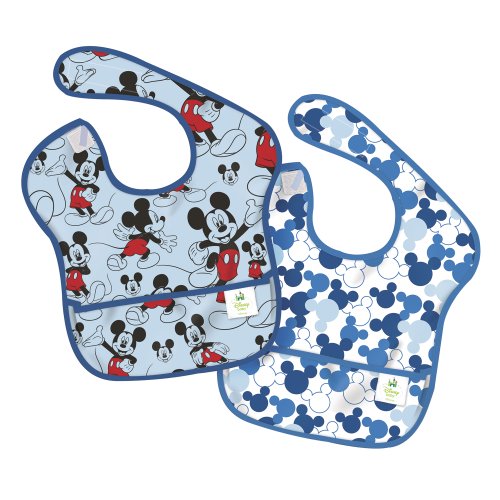 Image of Bumkins Disney Bibs for Girl or Boy, SuperBib Baby and Toddler for 6-24 Months, Essential Must Have for Eating, Feeding, Baby Led Weaning, Mess Saving Waterproof Soft Fabric, 2-pk Mickey Mouse Classic