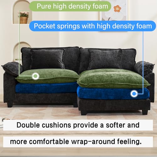 Image of Oprisen 86 inch Modular Sectional Sofa, Comfy Cloud Couch Sectional Sofa with Ottoman, Chenille Sofa Sleeper Deep Seat Sofa with Throw Pillows for Living Room (Black, 86 inch- L Shape)