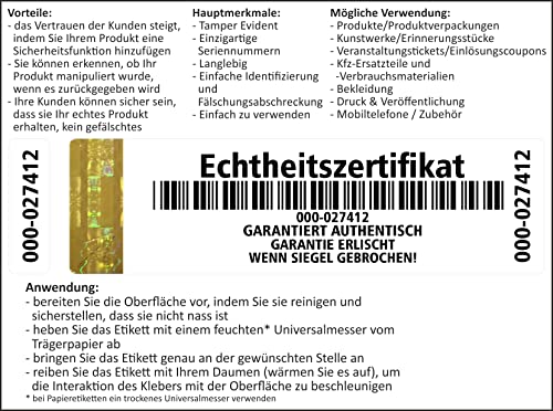 Holomarks 250 Stück Gold High Security Echtheitszertifikat Etiketten mit Seriennummern und Hologramm 70x20mm mit UV security Certificate of Authenticity GERMAN TEXT