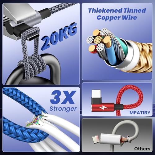 USB A/C to USB C Right Angle Cable, 90 Degree Type-C Braided Charging Cord 5FT, 4 in 2 USB C Charging Cable,Universal Phone Charger Cord with 3 Type-C/IP Port for iPhone17/16 Android Phones Pad — view 3