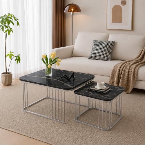 Image of Brown Art SHOPPEE Square Coffee Table Home Decor Furniture Coffee Table Sets,2 Piece MDF Top,Stacking Nesting Table with Iron Frame for Living Room Living Room or Lounge (Silver Black)