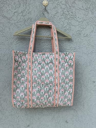 Image of Quilted Cotton Hand printed Reversible Large multicolor cotton Tote Bag,Indian Handmade Block Printed Tote Bag Women Handbag