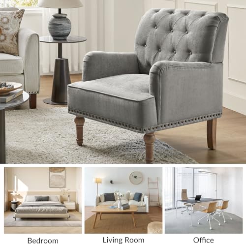 Hulala Home CHM0384 Modern Accent Chair With Retro Wood Legs, Comfy Upholstered Armchair With Button-Tufted And Nailhead Trim For Living Room Bedroom, Pewter thumb #4