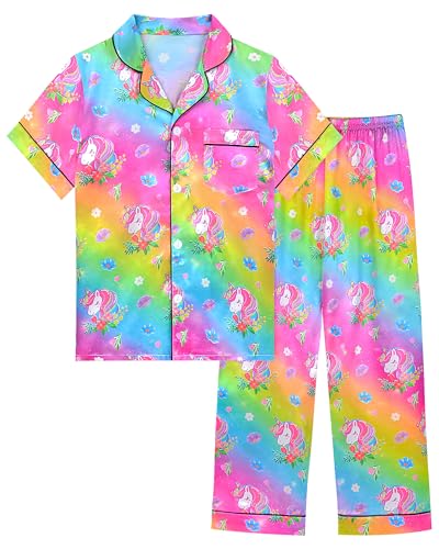 Sylfairy Girls Pajamas Silk PJS Set Rainbow Unicorn Sleepwear Short Sleeve Long Pants Jammies for Toddler Kids