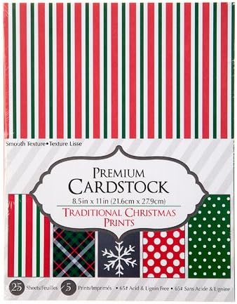 Printed Christmas Cardstock, 65 Lb Pattern Paper, 25 pack (Traditional Christmas Prints)