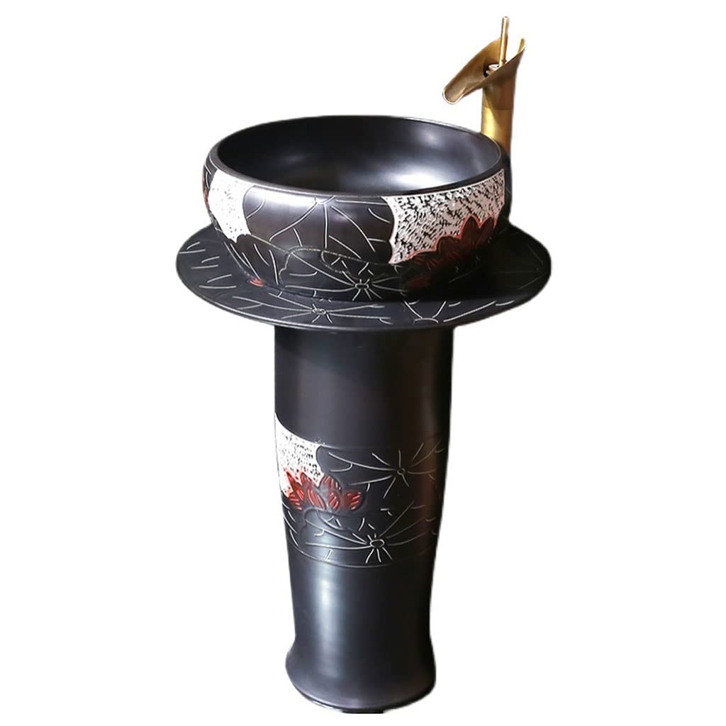 Rkvxcjhdr A Pedestal Sink Pedestal Bathroom Sink Lotus Post Basin Outdoor Vanity Vintage Vertical Ceramic Washbasin Black With Faucet Bathroom Sinks