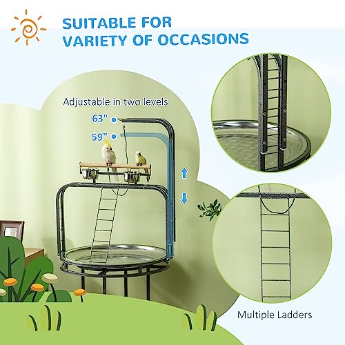 PawHut Parrot Stand Large Bird Perch Stand with Toy Hook & 3 Ladders, Parrot Perch with Easy Grip, Bird Wooden Stand, Gray