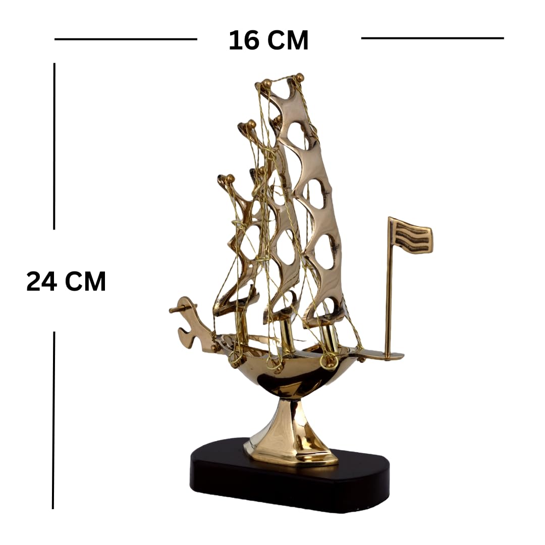 Decorative Brass Sailing Ship, Nautical Desktop Sculpture on Wooden Base SK 6-CP 2