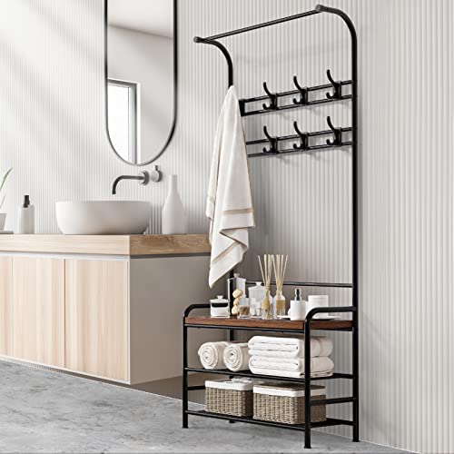 Amyove Coat Rack Shoe Bench, 3-In-1 Hall Tree Shoe Rack For Entryway, 3-Tier Storage Shelf And 8 Hooks Removable, Industrial Accent Furniture With Steel Frame, Multifunctional Hallway Organizer #TOP4