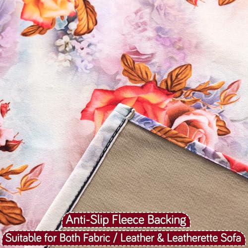 Image of HOKIPO Sofa Cover with Tassel for 3 Seater Sofa | Full Protection for Seat and Back | Printed Holland Velvet Fabric | 'Whispers of Nature' (160x175 cm), Vintage Rose Bloom (IN-1127-D12)