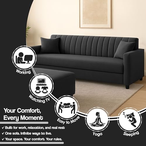 Image of 3+2 Fabric Sofa Set with Ottoman for Living Room | Modern Upholstered 5-Seater Couch | Soft Cushion, Premium Velvet Fabric-Black