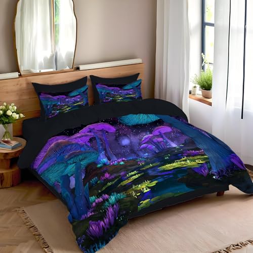 Housse de couette 240x260cm bleu-violet lac aux champignons en microfibre