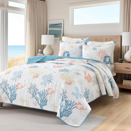HORIMOTE HOME Coastal Quilt Bedding Set King Size, Reversible Summer Beach Quilt Lightweight Ocean Nautical Comforter Tropical Bedspread Coverlet with 2 Pillow Shams for All Seasons (106"x96") - Image 2