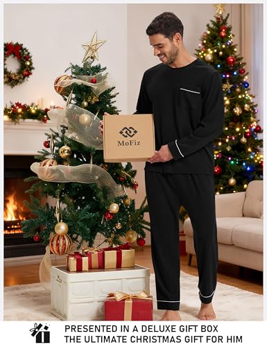 Image of Mofiz Men's Pajama Sets Viscose Long Sleeve Crewneck Warm Sleepwear