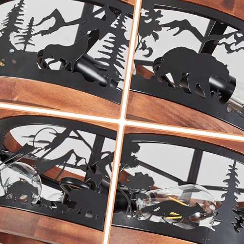Rustic Farmhouse Semi-Flush Mount Ceiling Light Fixture, Round Metal and Wood 3-Light with Bear Design, E26 Base Wildlife Cabin Lighting for Kitchen, Bedroom, Hallway, Entryway, Sloped Ceiling by MLGB - Used condition - Image 7