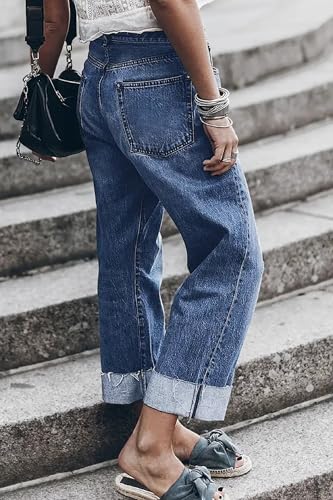 Women's Stretch Asymmetrical Fly Denim Jeans, Rolled Cuff Design, Comfortable Slim Fit Casual Pants 7