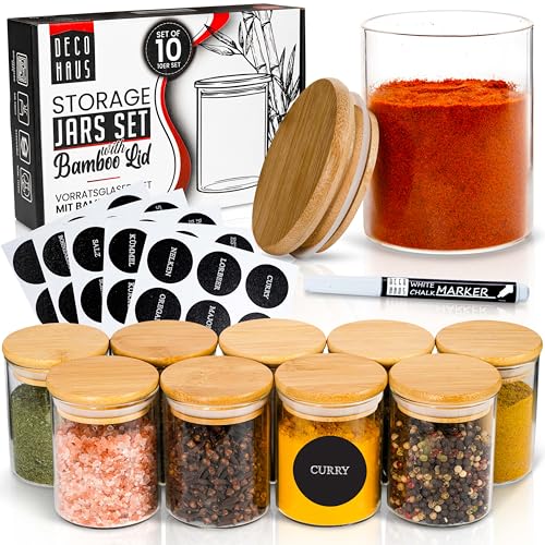 Deco haus® Pots à Épices Carrés Hermétiques, Set de 10-190ml [avec Étiquettes] - Bocaux en Verre - Pot a Epices en Verre et Bois, Spice Jars - Récipients...