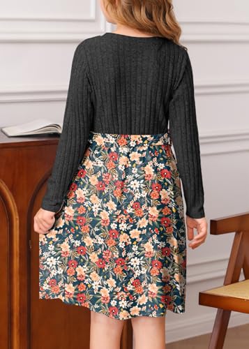 YOVION Girls Fall Long Sleeve Dress Floral A-Line Swing Holiday Casual Knit Dresses with Belt for 6-12 Years4