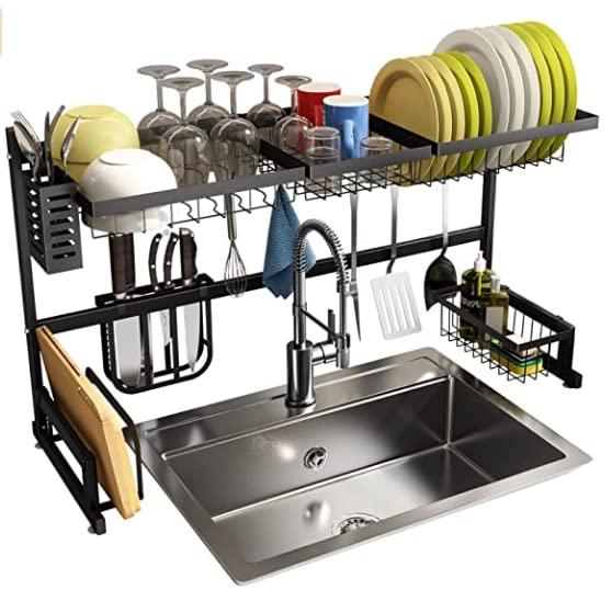 MARK-007 Over The Sink Dish Drying Rack, Can be fixed with width （32"≤Sink Size ≤ 37.5"）1 tier, Stainless Steel Kitchen Supplies Storage Counter Organizer, Black