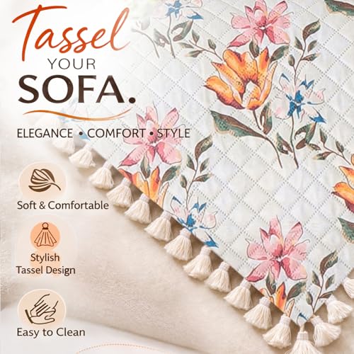 Image of HOKIPO Painterly Floral Quilted Sofa Cover 5 Seater with Tassels Set - Sofa Cover for Seat & Back | 'Tassel Twigs' Series (IN-991-T8 + IN-989-T8)
