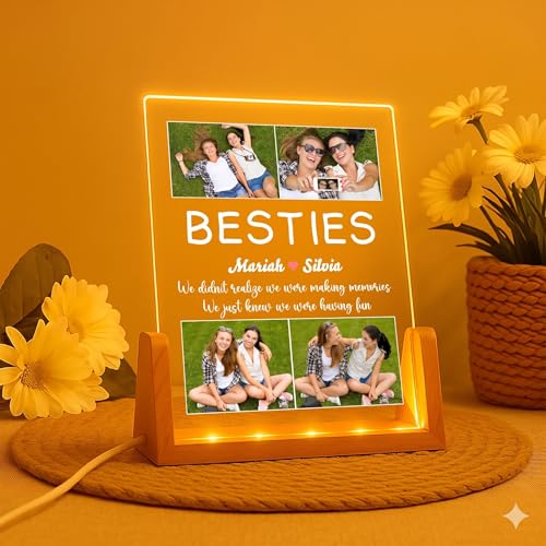 Image of Friendship Day Custom Photo Collage LED Lamp, Personalised Acrylic Night Light for Best Friends, Warm White, Wooden Base, Touch Control, Modern Style (Bestie 4)