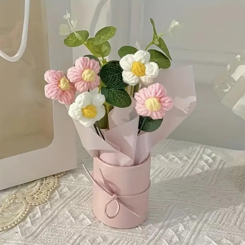 Image of SATYAM KRAFT 1 Pcs Artificial Crochet Flower Bouquet /Artificial Flowers Bunch /Crochet Flowers Bouquet /Flowers Bouquet Gift for Girls Home Decor, Gifting, Valentine Decoration Item (Pink)