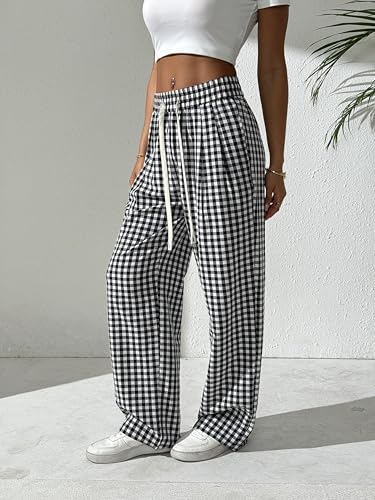 Women's Gingham Plaid Pants Summer Beach High Elastic Waist Wide Leg Palazzo Pants3